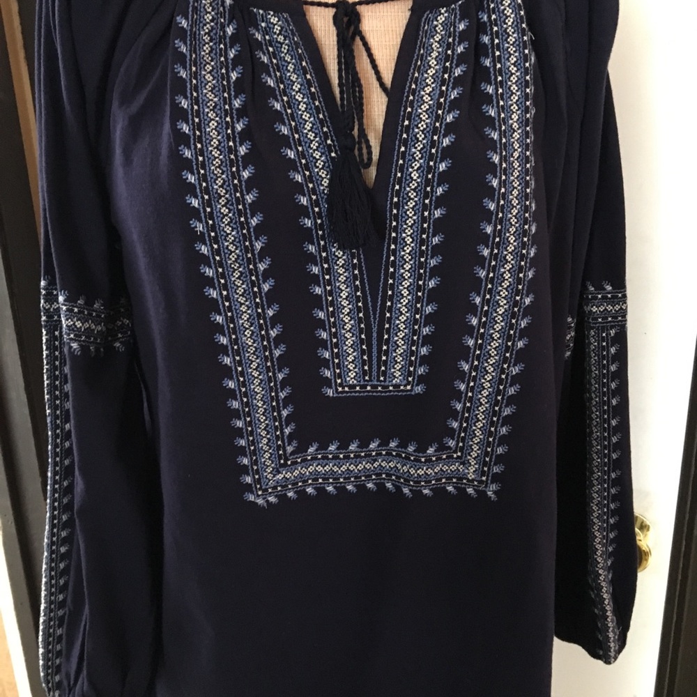 Joie Navy Blue Embroidered Long Sleeve Peasant Top
